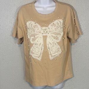 Women's Tan Top with Lace Bow Detail